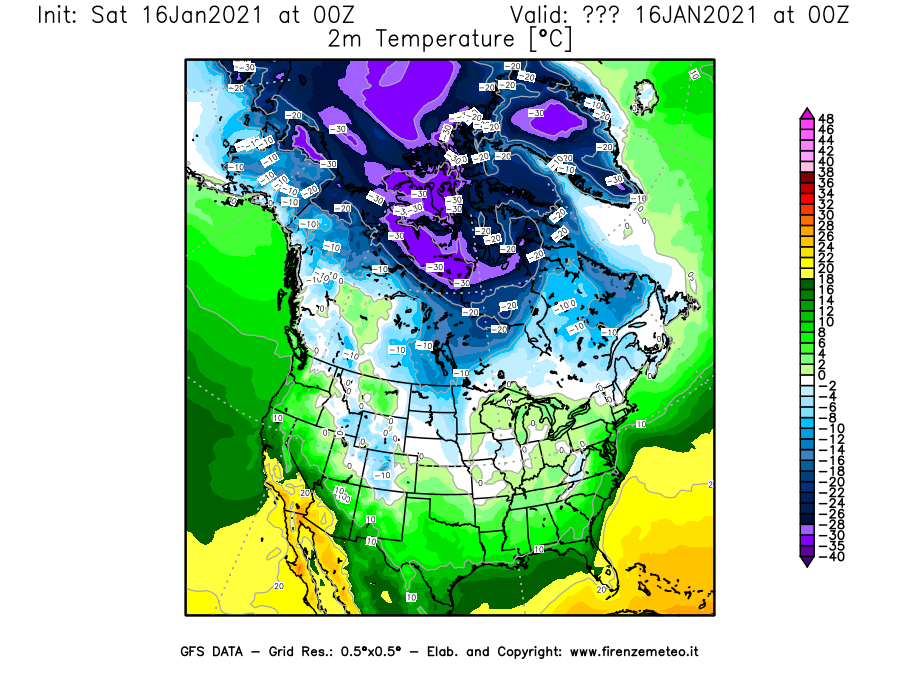 Mappa di analisi GFS - Temperatura a 2 metri dal suolo [°C] in Nord-America
							del 16/01/2021 00 <!--googleoff: index-->UTC<!--googleon: index-->