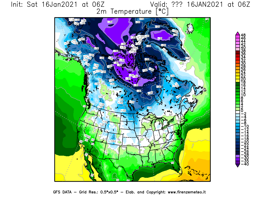 Mappa di analisi GFS - Temperatura a 2 metri dal suolo [°C] in Nord-America
							del 16/01/2021 06 <!--googleoff: index-->UTC<!--googleon: index-->