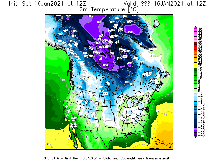 Mappa di analisi GFS - Temperatura a 2 metri dal suolo [°C] in Nord-America
							del 16/01/2021 12 <!--googleoff: index-->UTC<!--googleon: index-->