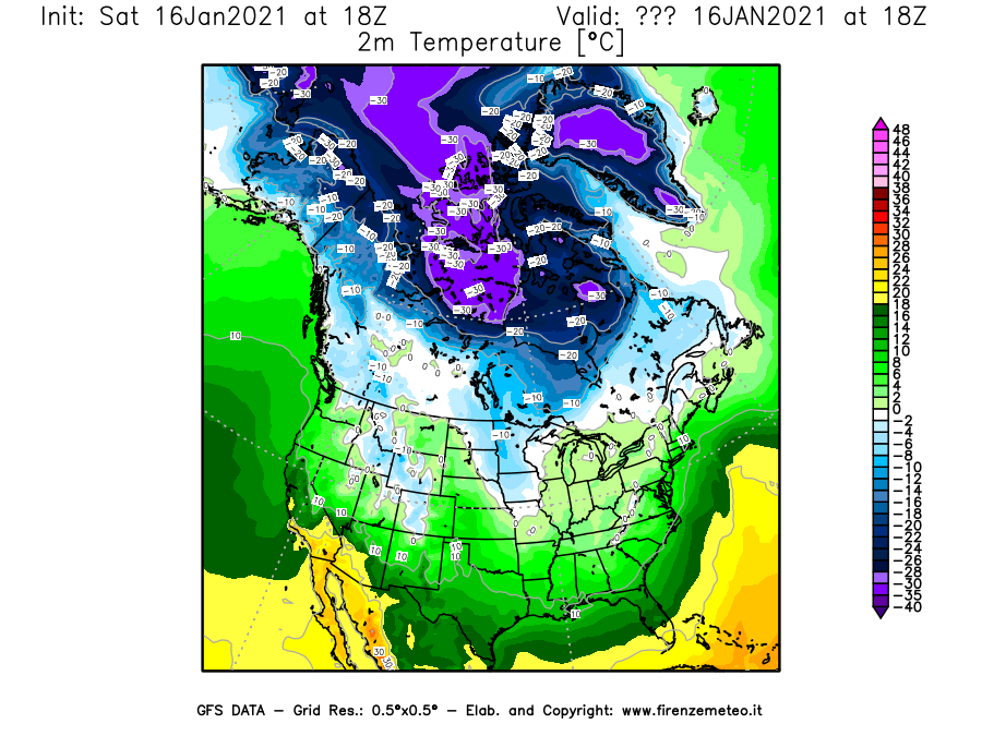 Mappa di analisi GFS - Temperatura a 2 metri dal suolo [°C] in Nord-America
							del 16/01/2021 18 <!--googleoff: index-->UTC<!--googleon: index-->