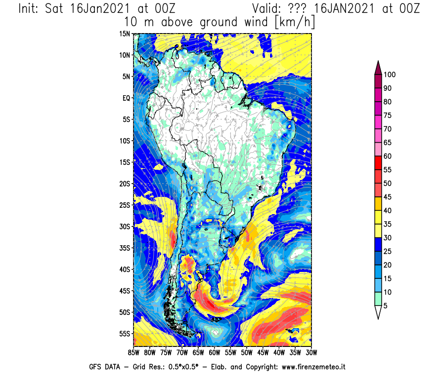 Mappa di analisi GFS - Velocità del vento a 10 metri dal suolo [km/h] in Sud-America
							del 16/01/2021 00 <!--googleoff: index-->UTC<!--googleon: index-->