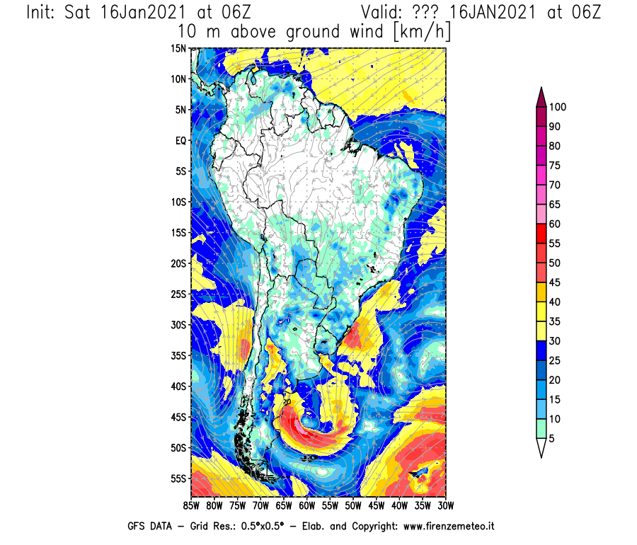 Mappa di analisi GFS - Velocità del vento a 10 metri dal suolo [km/h] in Sud-America
							del 16/01/2021 06 <!--googleoff: index-->UTC<!--googleon: index-->