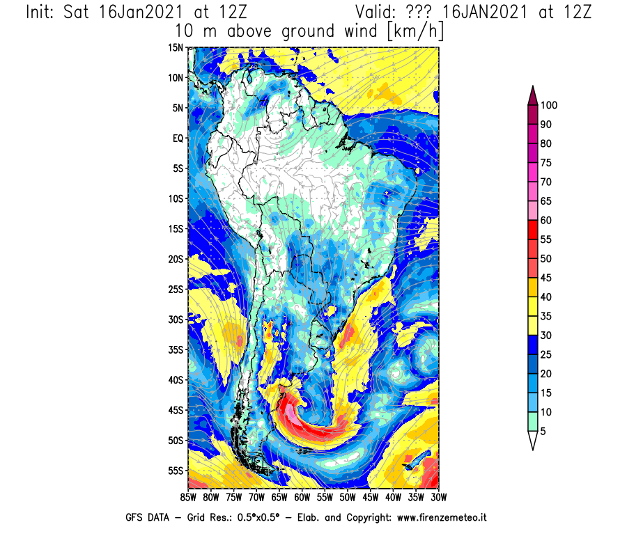 Mappa di analisi GFS - Velocità del vento a 10 metri dal suolo [km/h] in Sud-America
							del 16/01/2021 12 <!--googleoff: index-->UTC<!--googleon: index-->