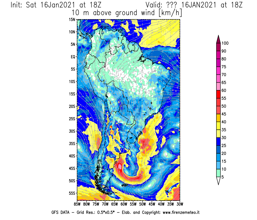 Mappa di analisi GFS - Velocità del vento a 10 metri dal suolo [km/h] in Sud-America
							del 16/01/2021 18 <!--googleoff: index-->UTC<!--googleon: index-->