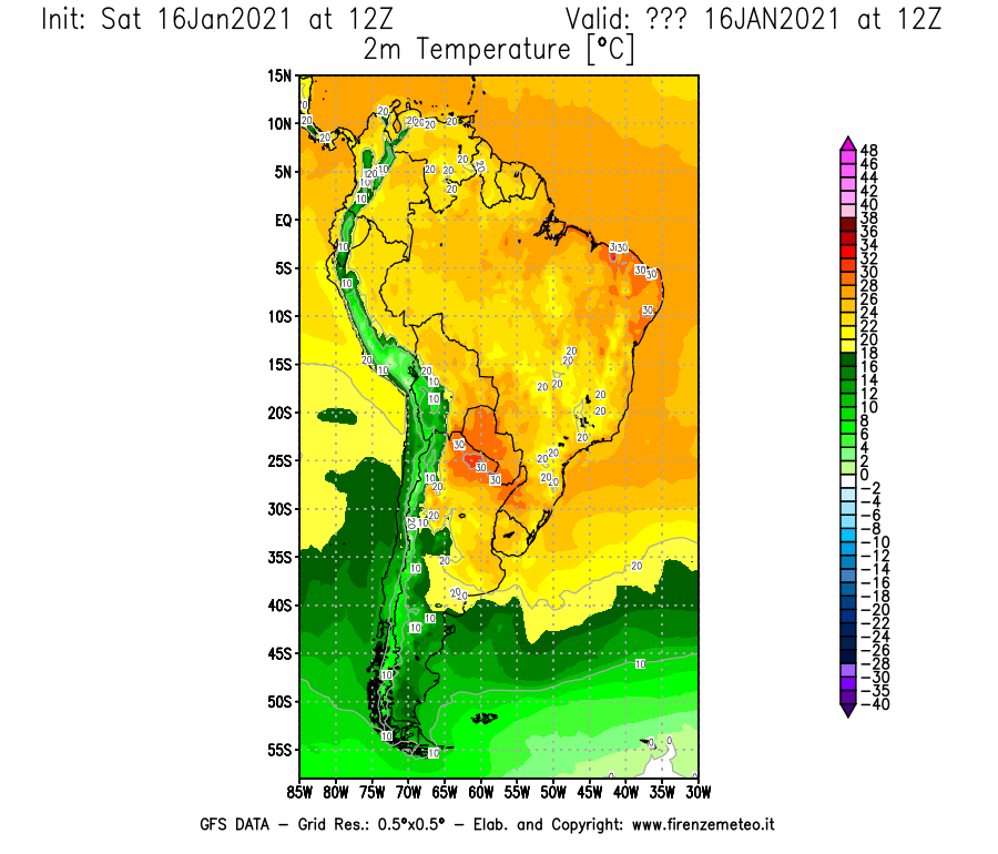 Mappa di analisi GFS - Temperatura a 2 metri dal suolo [°C] in Sud-America
							del 16/01/2021 12 <!--googleoff: index-->UTC<!--googleon: index-->