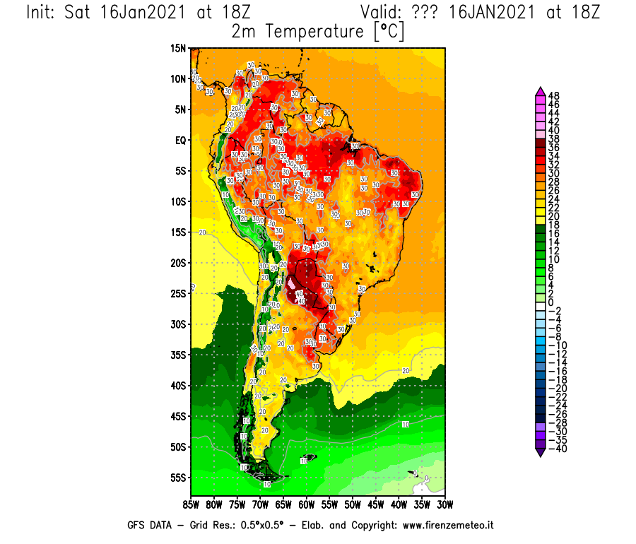 Mappa di analisi GFS - Temperatura a 2 metri dal suolo [°C] in Sud-America
							del 16/01/2021 18 <!--googleoff: index-->UTC<!--googleon: index-->