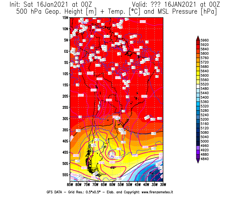 Mappa di analisi GFS - Geopotenziale [m] + Temp. [°C] a 500 hPa + Press. a livello del mare [hPa] in Sud-America
							del 16/01/2021 00 <!--googleoff: index-->UTC<!--googleon: index-->