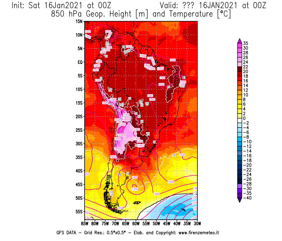 Mappa di analisi GFS - Geopotenziale [m] e Temperatura [°C] a 850 hPa in Sud-America
							del 16/01/2021 00 <!--googleoff: index-->UTC<!--googleon: index-->