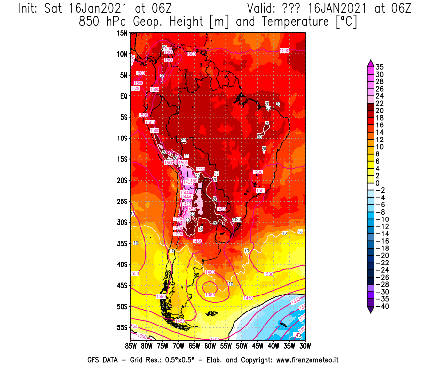 Mappa di analisi GFS - Geopotenziale [m] e Temperatura [°C] a 850 hPa in Sud-America
							del 16/01/2021 06 <!--googleoff: index-->UTC<!--googleon: index-->