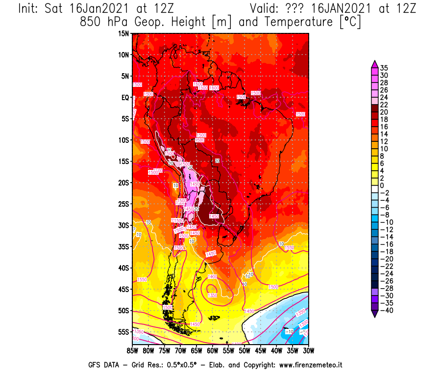 Mappa di analisi GFS - Geopotenziale [m] e Temperatura [°C] a 850 hPa in Sud-America
							del 16/01/2021 12 <!--googleoff: index-->UTC<!--googleon: index-->