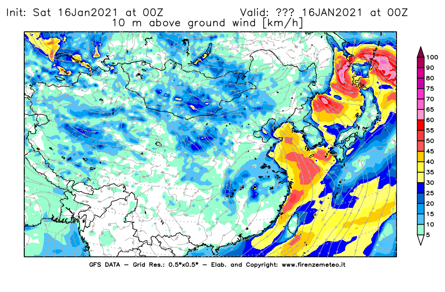 Mappa di analisi GFS - Velocità del vento a 10 metri dal suolo [km/h] in Asia Orientale
							del 16/01/2021 00 <!--googleoff: index-->UTC<!--googleon: index-->