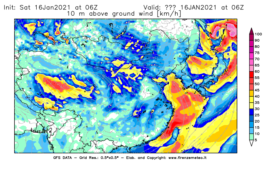 Mappa di analisi GFS - Velocità del vento a 10 metri dal suolo [km/h] in Asia Orientale
							del 16/01/2021 06 <!--googleoff: index-->UTC<!--googleon: index-->