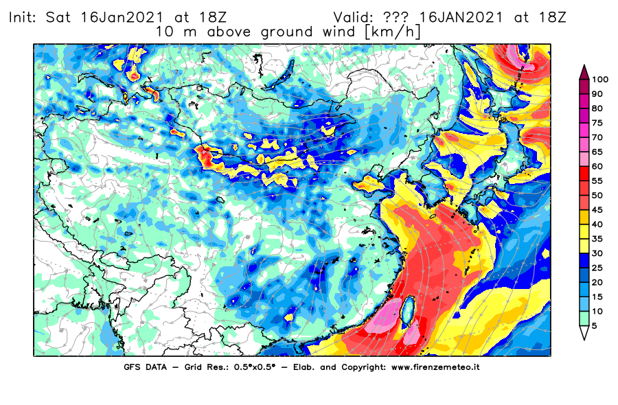 Mappa di analisi GFS - Velocità del vento a 10 metri dal suolo [km/h] in Asia Orientale
							del 16/01/2021 18 <!--googleoff: index-->UTC<!--googleon: index-->
