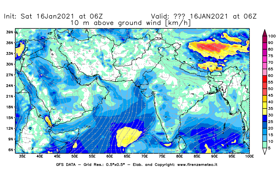 Mappa di analisi GFS - Velocità del vento a 10 metri dal suolo [km/h] in Asia Sud-Occidentale
							del 16/01/2021 06 <!--googleoff: index-->UTC<!--googleon: index-->