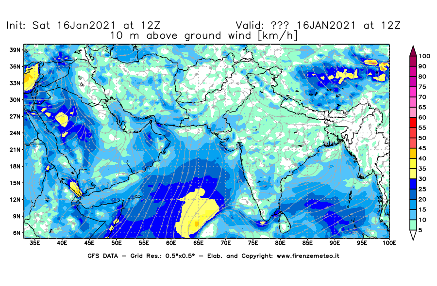 Mappa di analisi GFS - Velocità del vento a 10 metri dal suolo [km/h] in Asia Sud-Occidentale
							del 16/01/2021 12 <!--googleoff: index-->UTC<!--googleon: index-->
