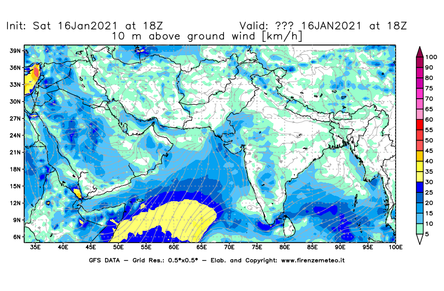 Mappa di analisi GFS - Velocità del vento a 10 metri dal suolo [km/h] in Asia Sud-Occidentale
							del 16/01/2021 18 <!--googleoff: index-->UTC<!--googleon: index-->