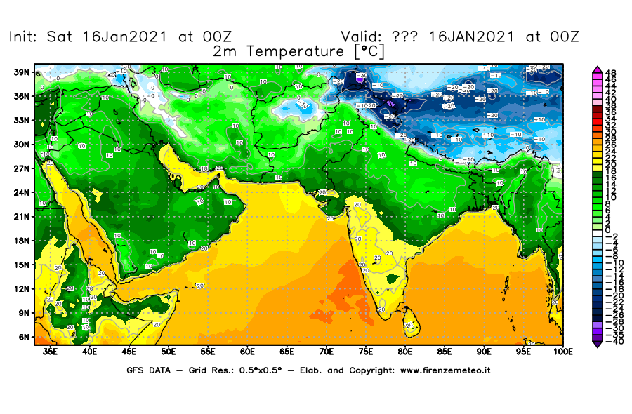Mappa di analisi GFS - Temperatura a 2 metri dal suolo [°C] in Asia Sud-Occidentale
							del 16/01/2021 00 <!--googleoff: index-->UTC<!--googleon: index-->