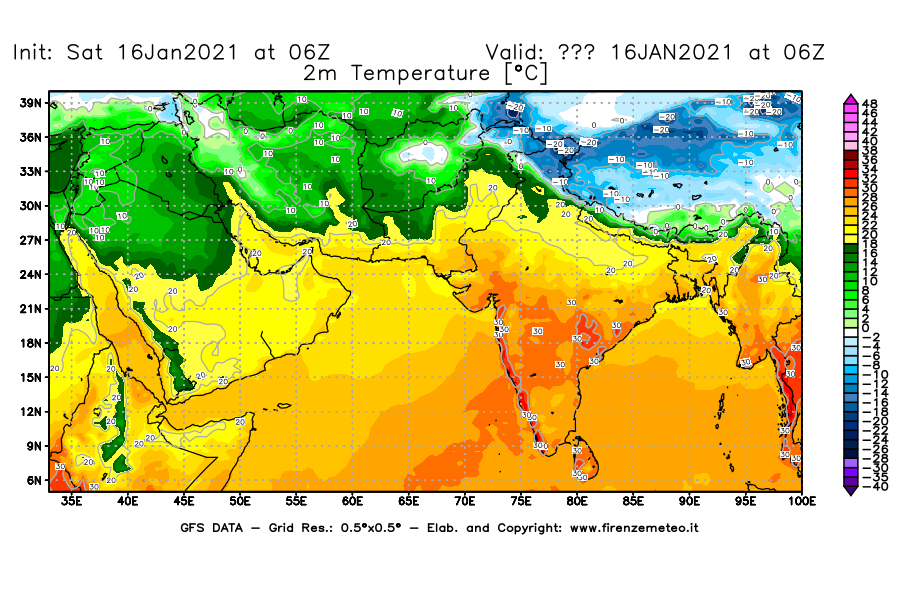 Mappa di analisi GFS - Temperatura a 2 metri dal suolo [°C] in Asia Sud-Occidentale
							del 16/01/2021 06 <!--googleoff: index-->UTC<!--googleon: index-->