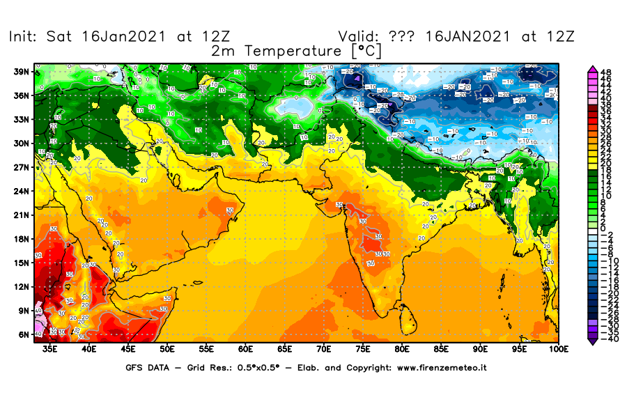 Mappa di analisi GFS - Temperatura a 2 metri dal suolo [°C] in Asia Sud-Occidentale
							del 16/01/2021 12 <!--googleoff: index-->UTC<!--googleon: index-->