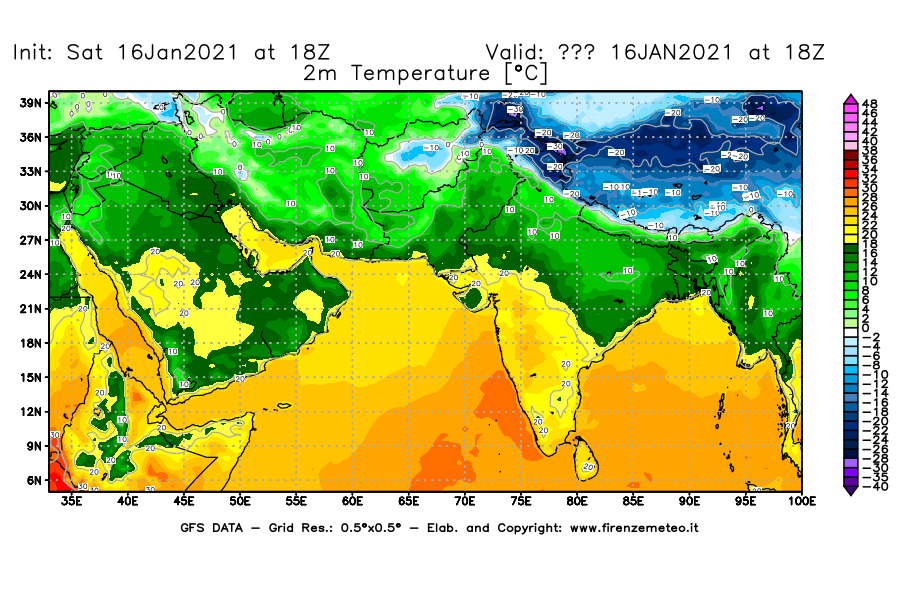 Mappa di analisi GFS - Temperatura a 2 metri dal suolo [°C] in Asia Sud-Occidentale
							del 16/01/2021 18 <!--googleoff: index-->UTC<!--googleon: index-->
