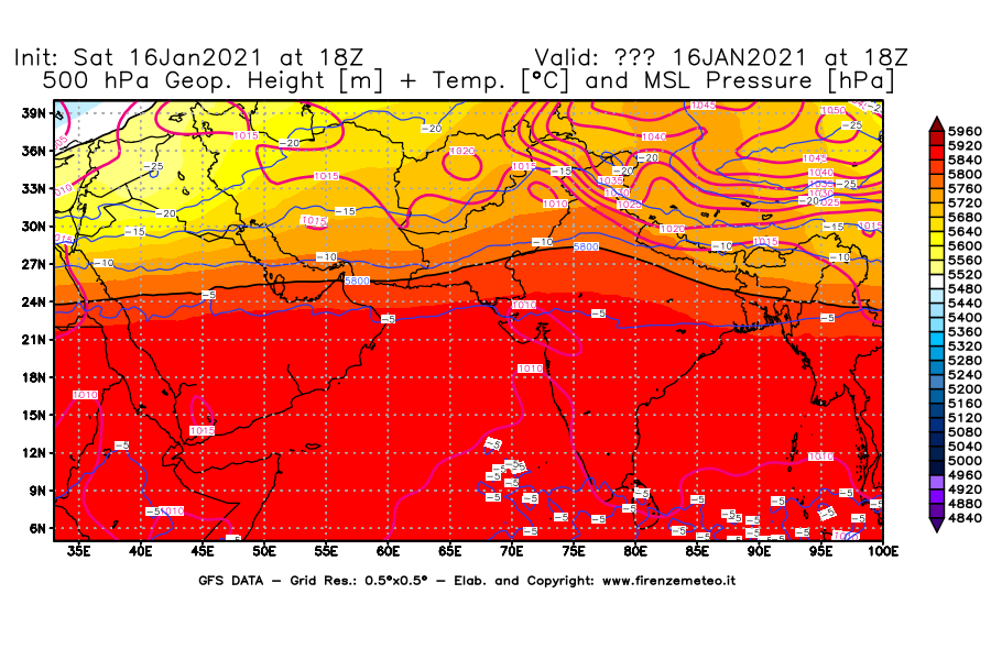 Mappa di analisi GFS - Geopotenziale [m] + Temp. [°C] a 500 hPa + Press. a livello del mare [hPa] in Asia Sud-Occidentale
							del 16/01/2021 18 <!--googleoff: index-->UTC<!--googleon: index-->