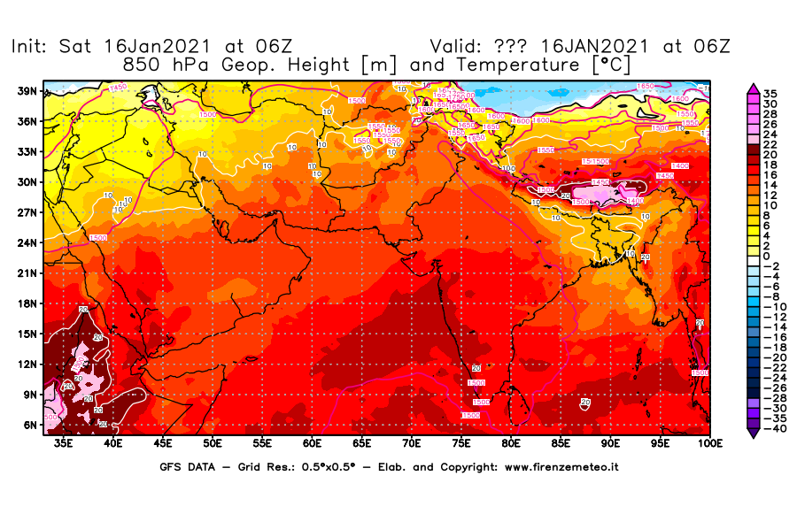 Mappa di analisi GFS - Geopotenziale [m] e Temperatura [°C] a 850 hPa in Asia Sud-Occidentale
							del 16/01/2021 06 <!--googleoff: index-->UTC<!--googleon: index-->