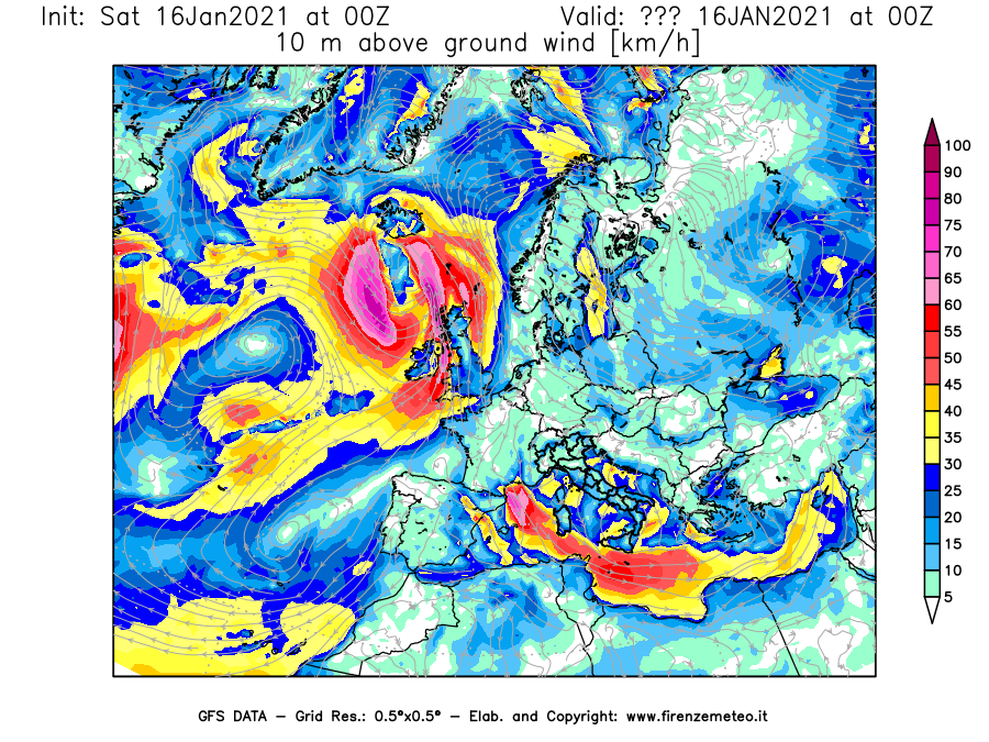 Mappa di analisi GFS - Velocità del vento a 10 metri dal suolo [km/h] in Europa
							del 16/01/2021 00 <!--googleoff: index-->UTC<!--googleon: index-->