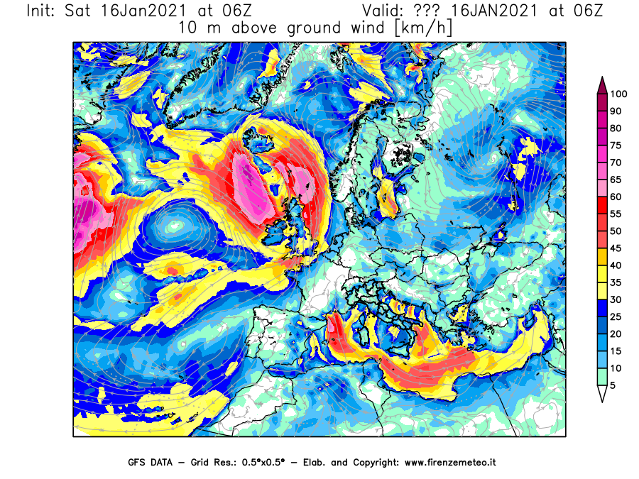 Mappa di analisi GFS - Velocità del vento a 10 metri dal suolo [km/h] in Europa
							del 16/01/2021 06 <!--googleoff: index-->UTC<!--googleon: index-->