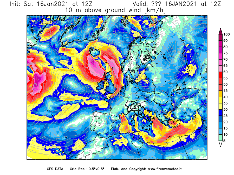 Mappa di analisi GFS - Velocità del vento a 10 metri dal suolo [km/h] in Europa
							del 16/01/2021 12 <!--googleoff: index-->UTC<!--googleon: index-->