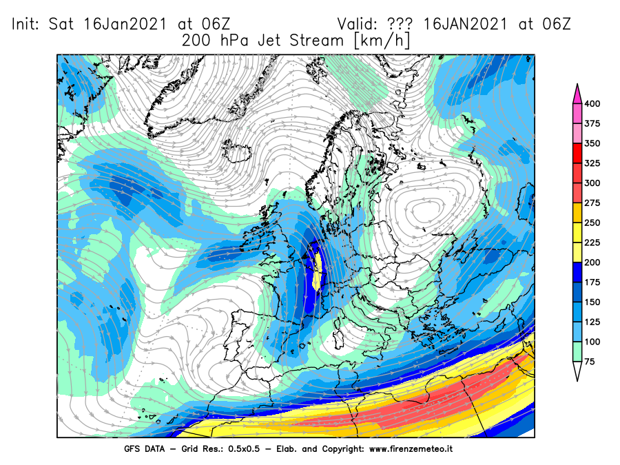 Mappa di analisi GFS - Jet Stream a 200 hPa in Europa
							del 16/01/2021 06 <!--googleoff: index-->UTC<!--googleon: index-->