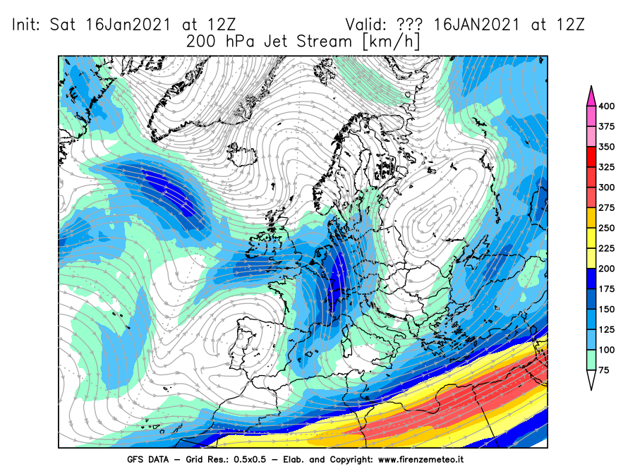 Mappa di analisi GFS - Jet Stream a 200 hPa in Europa
							del 16/01/2021 12 <!--googleoff: index-->UTC<!--googleon: index-->