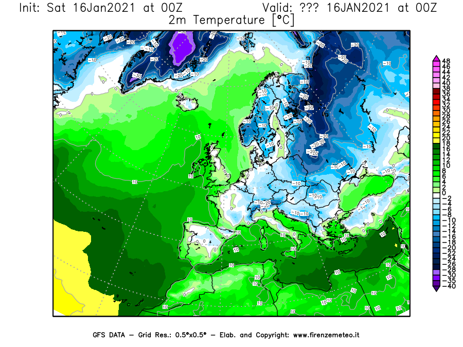 Mappa di analisi GFS - Temperatura a 2 metri dal suolo [°C] in Europa
							del 16/01/2021 00 <!--googleoff: index-->UTC<!--googleon: index-->