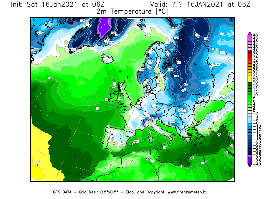 Mappa di analisi GFS - Temperatura a 2 metri dal suolo [°C] in Europa
							del 16/01/2021 06 <!--googleoff: index-->UTC<!--googleon: index-->