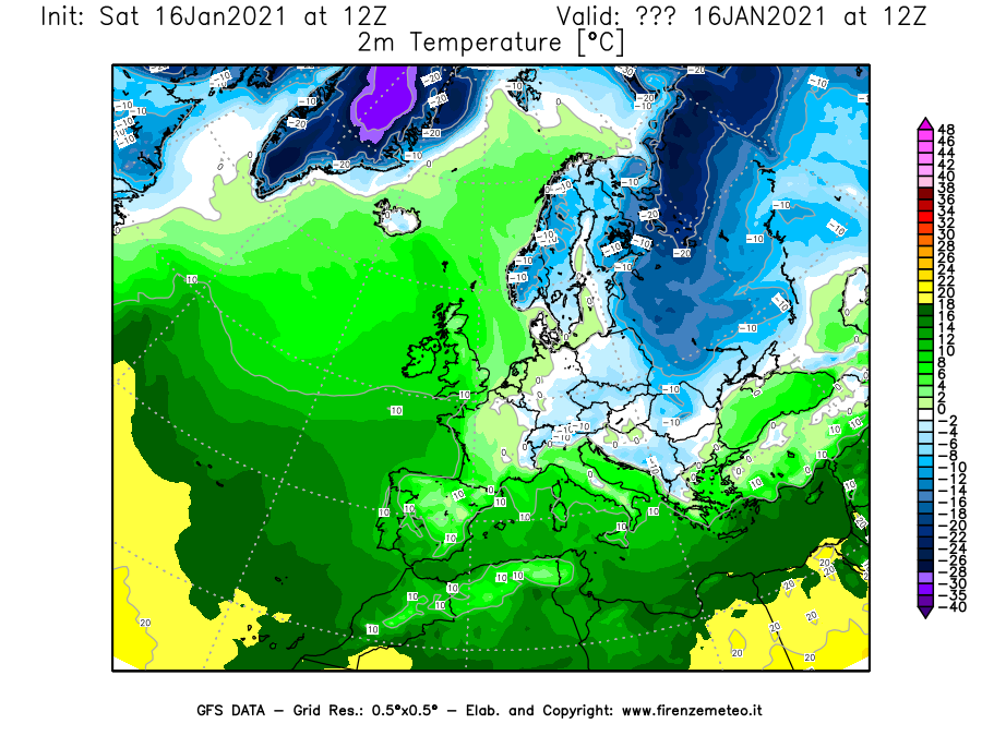 Mappa di analisi GFS - Temperatura a 2 metri dal suolo [°C] in Europa
							del 16/01/2021 12 <!--googleoff: index-->UTC<!--googleon: index-->