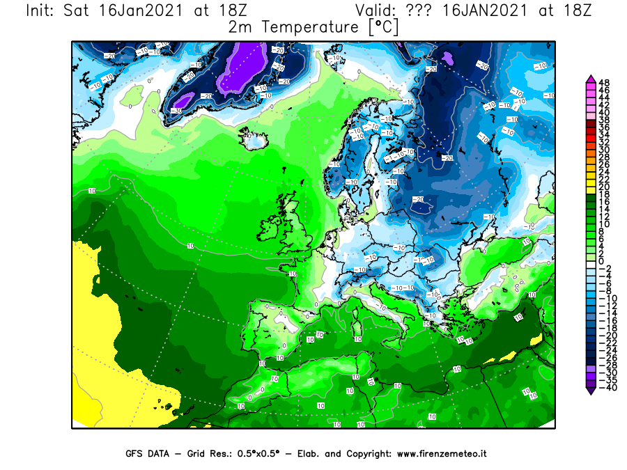 Mappa di analisi GFS - Temperatura a 2 metri dal suolo [°C] in Europa
							del 16/01/2021 18 <!--googleoff: index-->UTC<!--googleon: index-->