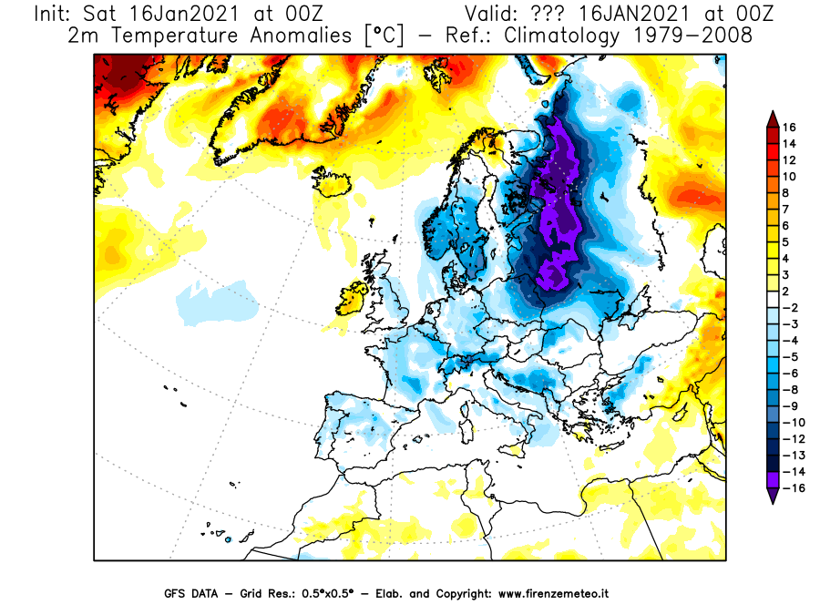 Mappa di analisi GFS - Anomalia Temperatura [°C] a 2 m in Europa
							del 16/01/2021 00 <!--googleoff: index-->UTC<!--googleon: index-->