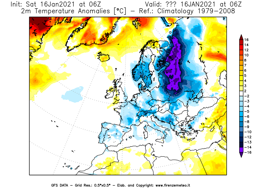 Mappa di analisi GFS - Anomalia Temperatura [°C] a 2 m in Europa
							del 16/01/2021 06 <!--googleoff: index-->UTC<!--googleon: index-->