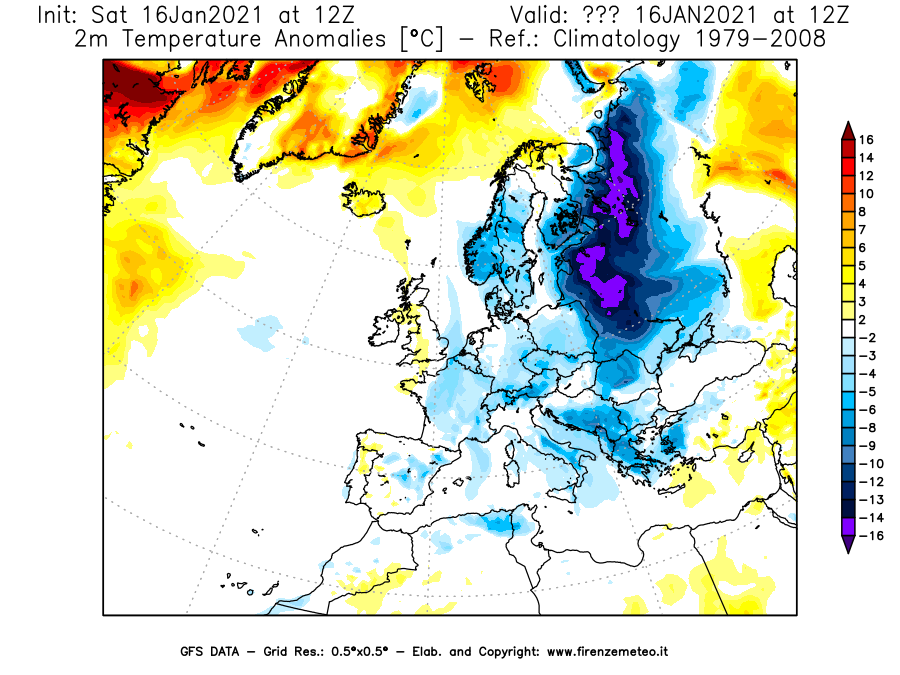 Mappa di analisi GFS - Anomalia Temperatura [°C] a 2 m in Europa
							del 16/01/2021 12 <!--googleoff: index-->UTC<!--googleon: index-->