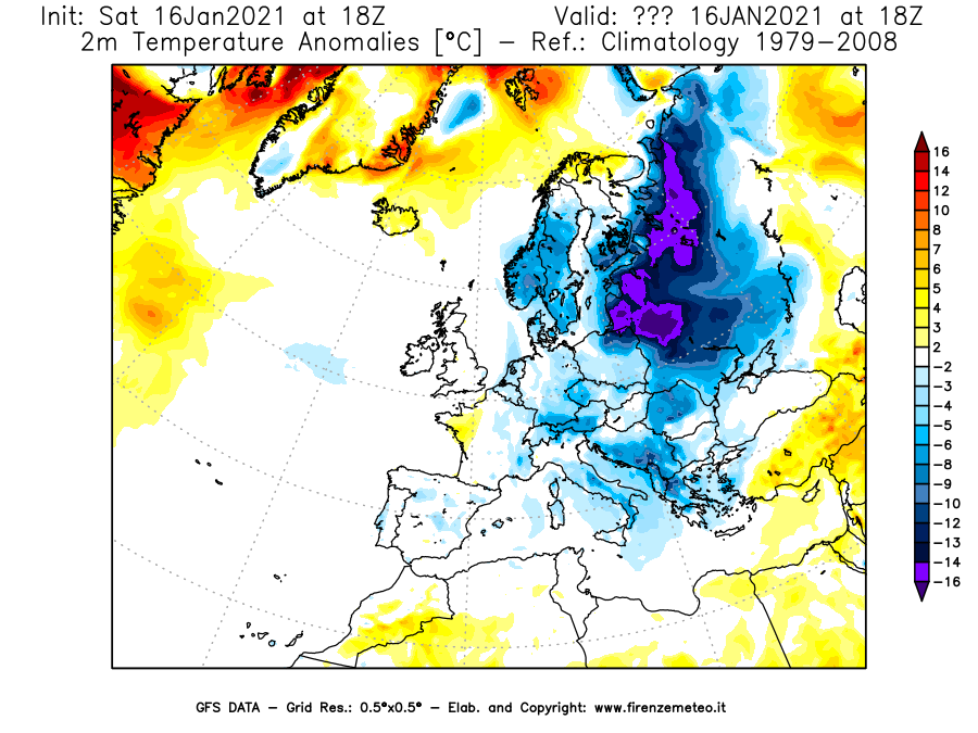 Mappa di analisi GFS - Anomalia Temperatura [°C] a 2 m in Europa
							del 16/01/2021 18 <!--googleoff: index-->UTC<!--googleon: index-->