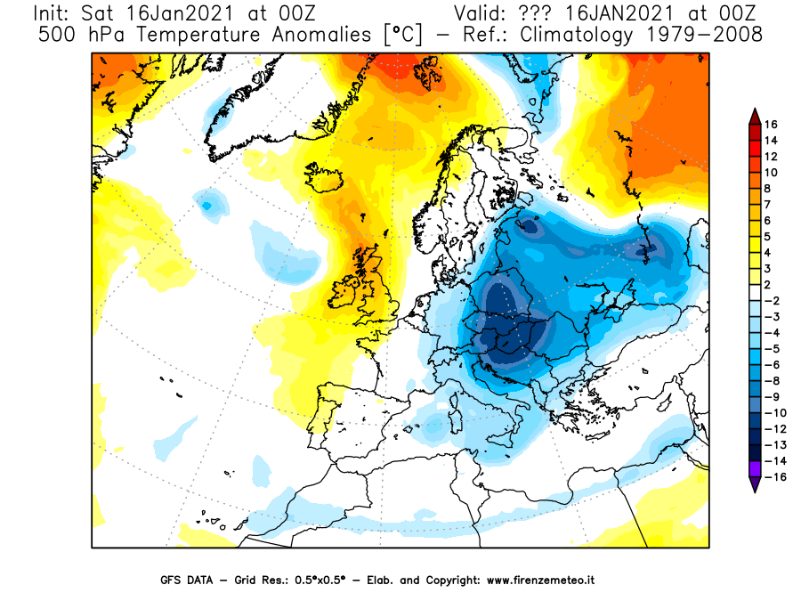 Mappa di analisi GFS - Anomalia Temperatura [°C] a 500 hPa in Europa
							del 16/01/2021 00 <!--googleoff: index-->UTC<!--googleon: index-->
