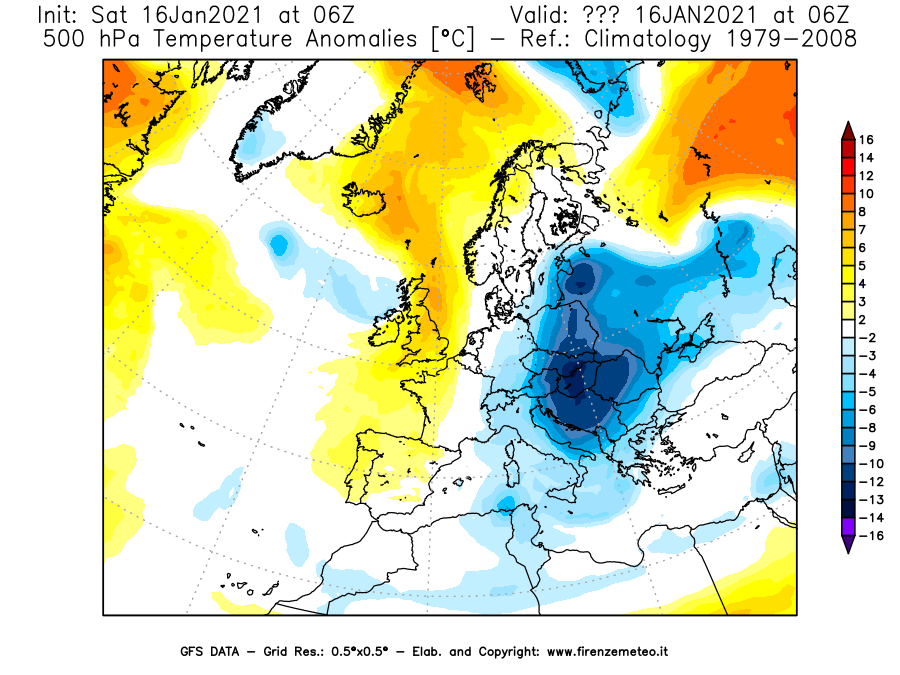 Mappa di analisi GFS - Anomalia Temperatura [°C] a 500 hPa in Europa
							del 16/01/2021 06 <!--googleoff: index-->UTC<!--googleon: index-->