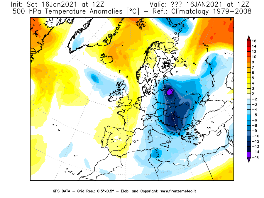 Mappa di analisi GFS - Anomalia Temperatura [°C] a 500 hPa in Europa
							del 16/01/2021 12 <!--googleoff: index-->UTC<!--googleon: index-->