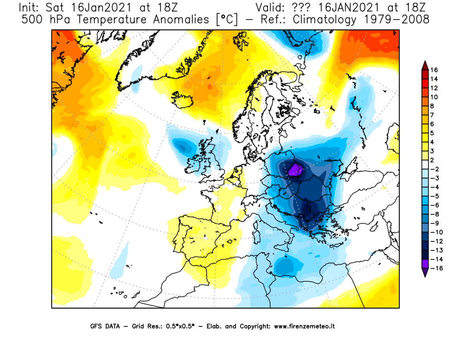 Mappa di analisi GFS - Anomalia Temperatura [°C] a 500 hPa in Europa
							del 16/01/2021 18 <!--googleoff: index-->UTC<!--googleon: index-->