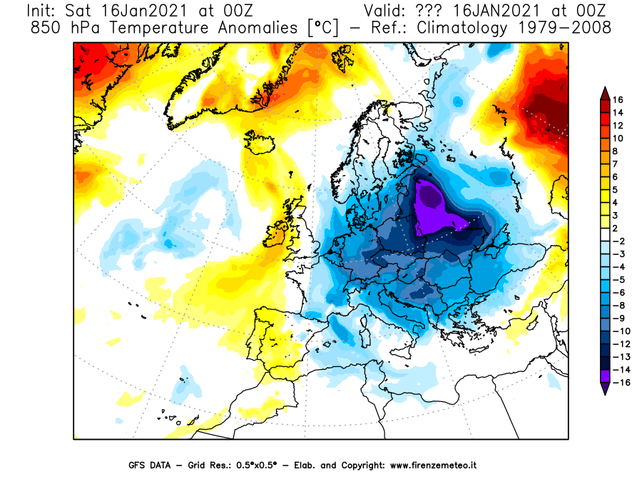 Mappa di analisi GFS - Anomalia Temperatura [°C] a 850 hPa in Europa
							del 16/01/2021 00 <!--googleoff: index-->UTC<!--googleon: index-->