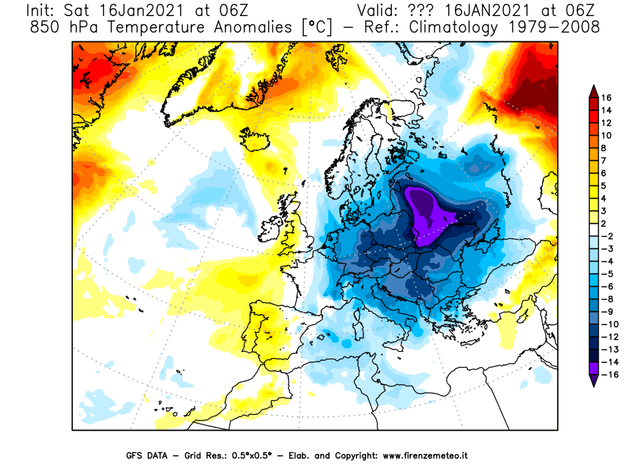 Mappa di analisi GFS - Anomalia Temperatura [°C] a 850 hPa in Europa
							del 16/01/2021 06 <!--googleoff: index-->UTC<!--googleon: index-->
