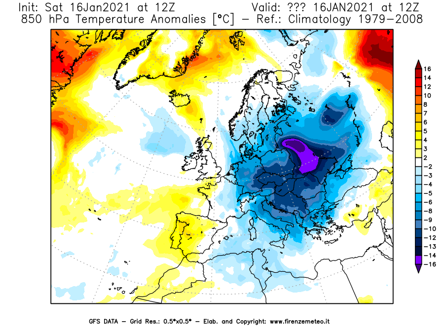 Mappa di analisi GFS - Anomalia Temperatura [°C] a 850 hPa in Europa
							del 16/01/2021 12 <!--googleoff: index-->UTC<!--googleon: index-->