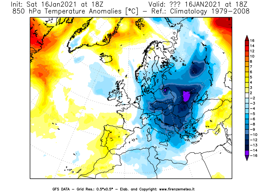 Mappa di analisi GFS - Anomalia Temperatura [°C] a 850 hPa in Europa
							del 16/01/2021 18 <!--googleoff: index-->UTC<!--googleon: index-->
