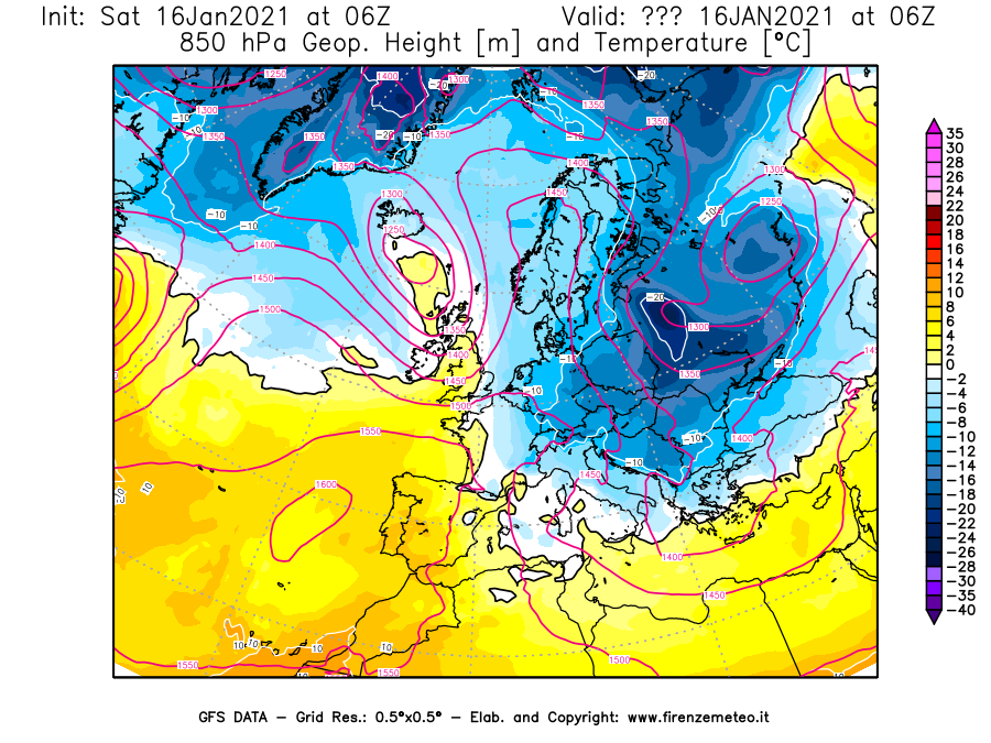 Mappa di analisi GFS - Geopotenziale [m] e Temperatura [°C] a 850 hPa in Europa
							del 16/01/2021 06 <!--googleoff: index-->UTC<!--googleon: index-->