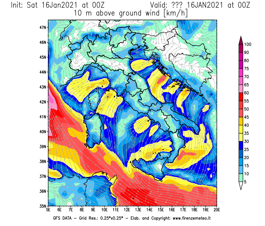 Mappa di analisi GFS - Velocità del vento a 10 metri dal suolo [km/h] in Italia
							del 16/01/2021 00 <!--googleoff: index-->UTC<!--googleon: index-->