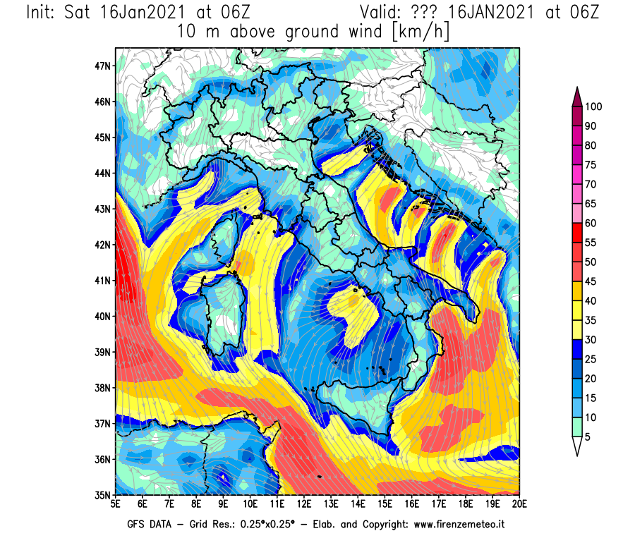 Mappa di analisi GFS - Velocità del vento a 10 metri dal suolo [km/h] in Italia
							del 16/01/2021 06 <!--googleoff: index-->UTC<!--googleon: index-->